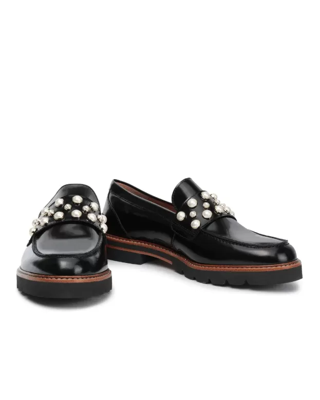 Stuart Weitzman Faux Pearl Embellished Glossed Leather loafers