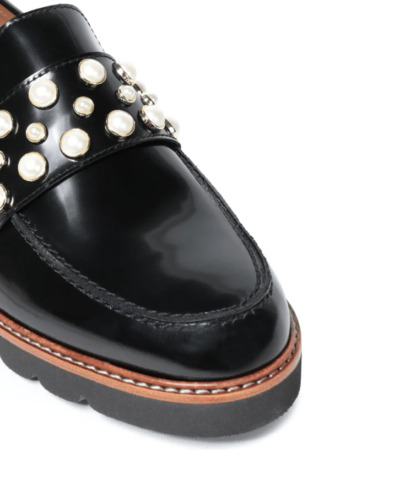 Stuart Weitzman Faux Pearl Embellished Glossed Leather loafers