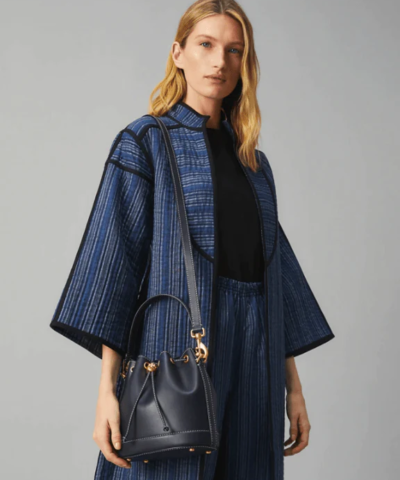 Tory Burch T Monogram Leather Bucket Bag, Black