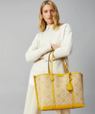 Tory Burch T Monogram Jacquard Triple-Compartment Tote, Goldfinch