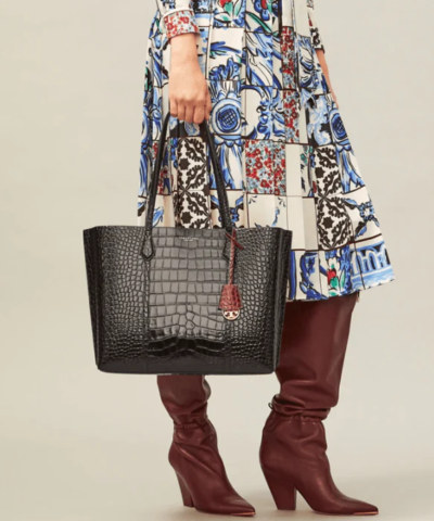 Tory Burch Perry Embossed Triple-Compartment Tote Bag, Black