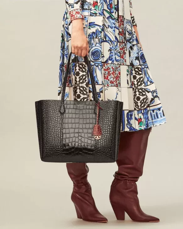 Tory Burch Perry Embossed Triple-Compartment Tote Bag, Black