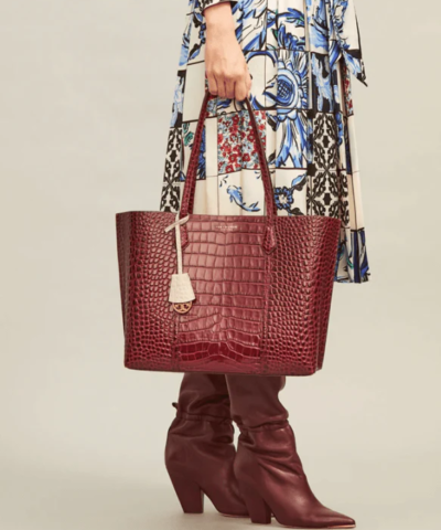 Tory Burch Perry Embossed Triple-Compartment Tote Bag, Claret