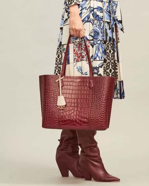 Tory Burch Perry Embossed Triple-Compartment Tote Bag, Claret