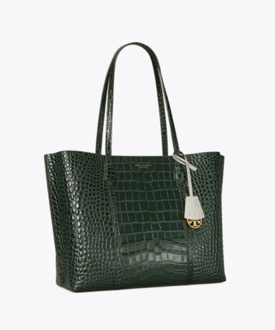 Tory Burch Perry Embossed Triple-Compartment Tote Bag, Deep Kelp