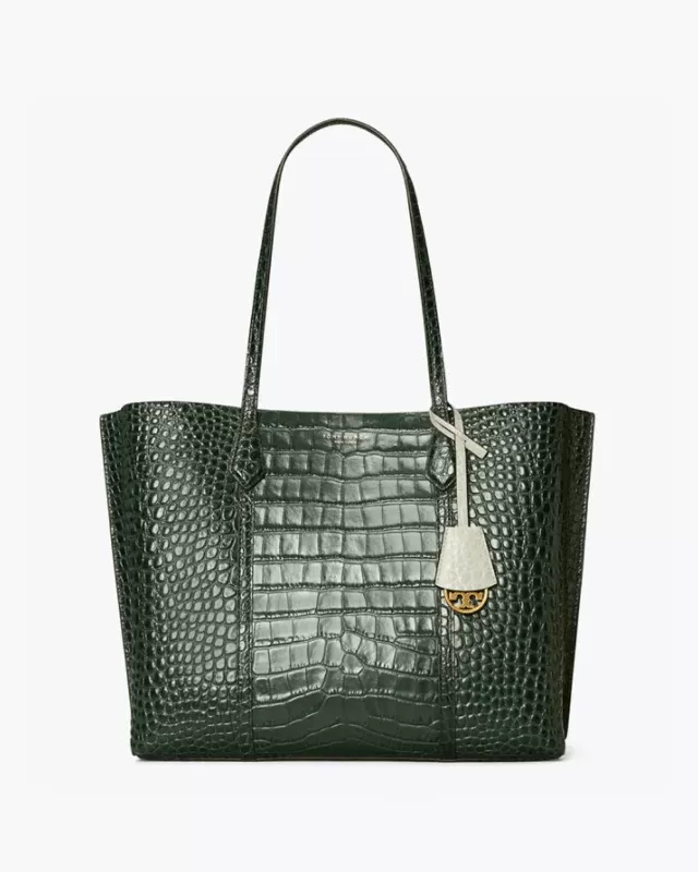 Tory Burch Perry Embossed Triple-Compartment Tote Bag, Deep Kelp
