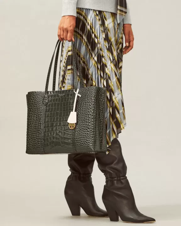 Tory Burch Perry Embossed Triple-Compartment Tote Bag, Deep Kelp