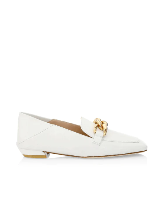 Stuart Weitzman Mickee Chain Square-Toe Leather Loafers, White