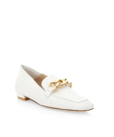 Stuart Weitzman Mickee Chain Square-Toe Leather Loafers, White