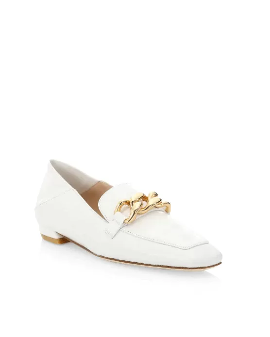 Stuart Weitzman Mickee Chain Square-Toe Leather Loafers, White