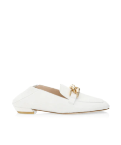 Stuart Weitzman Mickee Chain Square-Toe Leather Loafers, White