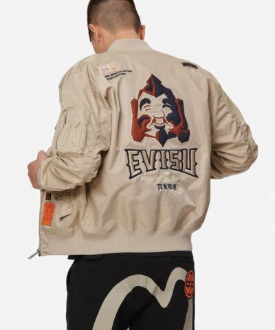 Evisu Leather and denim appliquéd Godhead MA-1 Bomber Jacket
