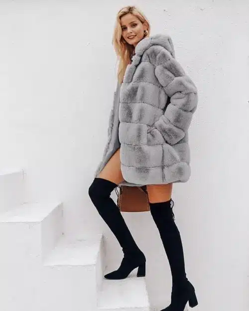 Simplee Hood Faux Fur Coat