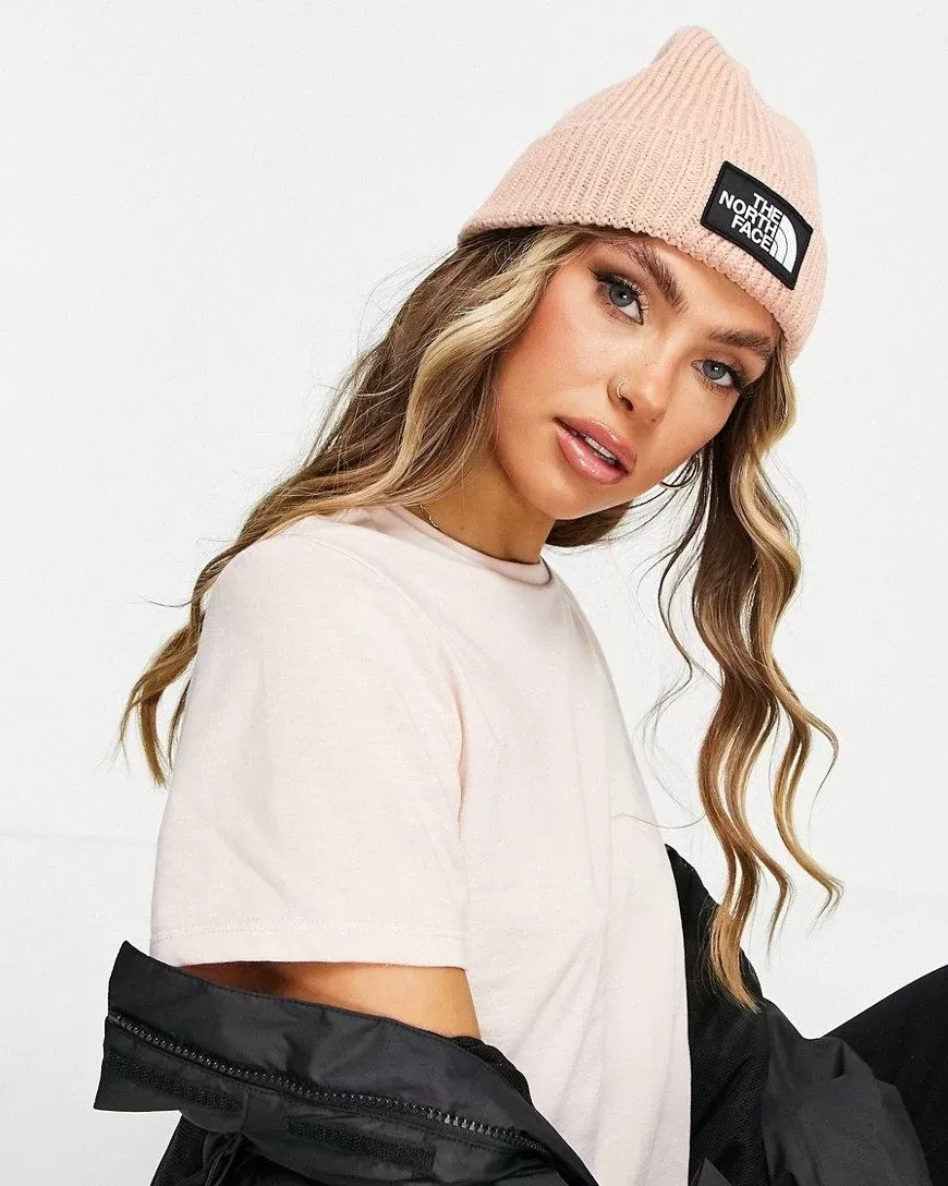 The North Face Logo Box Cuffed Beanie In Pink