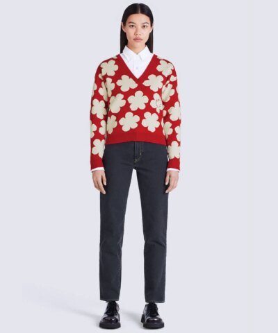 Kenzo Red Floral Wool V-Neck Sweater