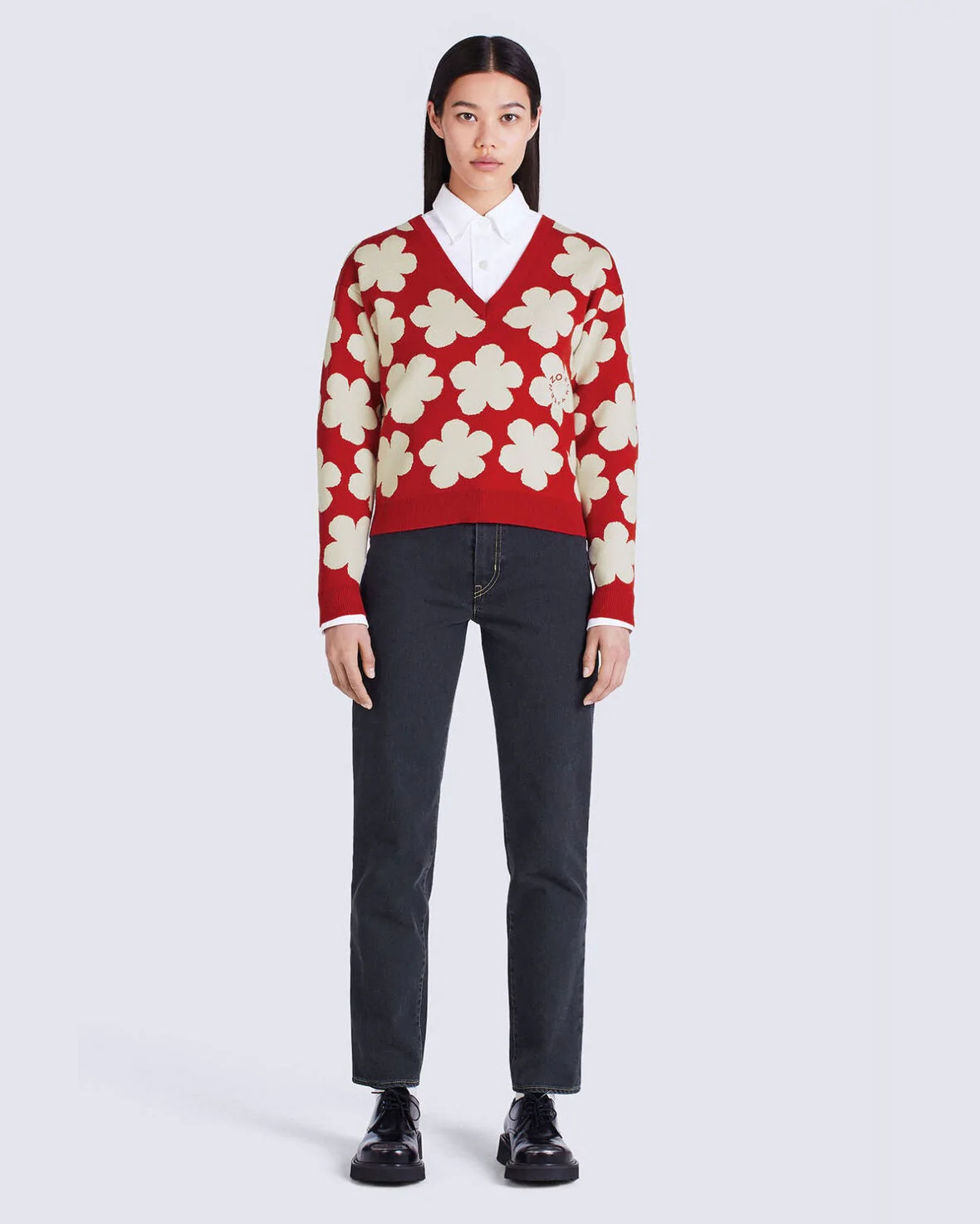 Kenzo Red Floral Wool V-Neck Sweater