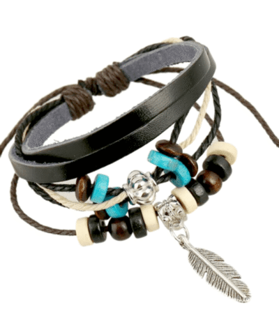 Steffe Charm Silvery Feather Pendant Blue Stone Braided Rope Leather Bracelet