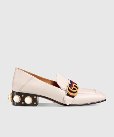 Gucci Leather Mid-Heel Loafer, White