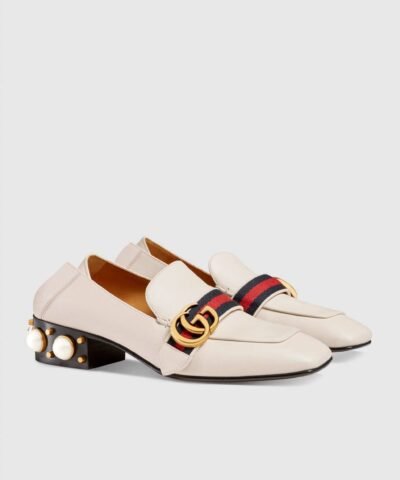 Gucci Leather Mid-Heel Loafer, White