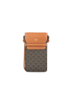 Celine Phone Pouch With Flap In Triomphe Canvas And Lambskin Tan