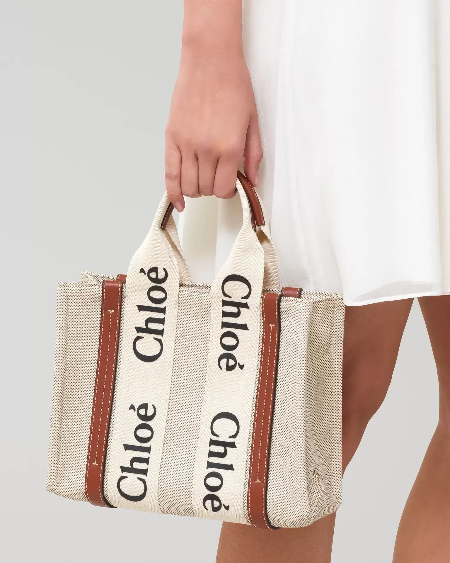 Chloe Small Woody Logo Canvas Shopper Tote Bag