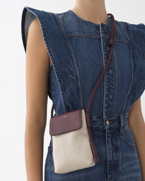 Chloe Key Phone Pouch With Flap In Linen & Shiny Calfskin