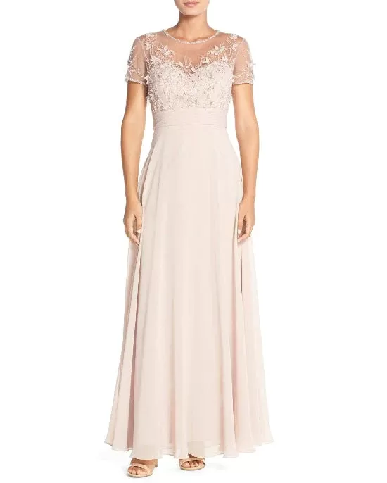 JS Collections Embellished Mesh & Chiffon Gown