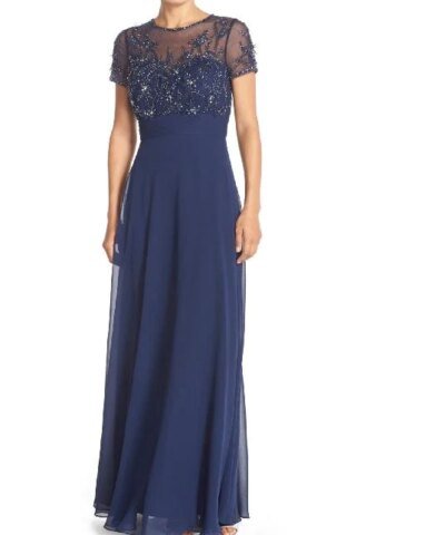 JS Collections Embellished Mesh & Chiffon Gown
