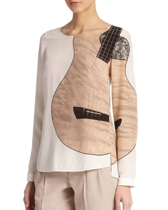 Akris Punto Natural Guitar-Print Silk Blouse