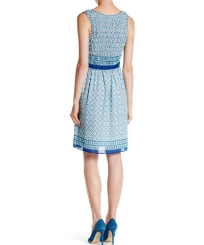Max Studio Women's Blue Sleeveless Smocked Border Print Dress
