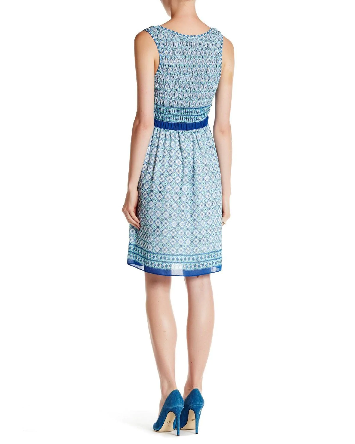 Max Studio Women's Blue Sleeveless Smocked Border Print Dress