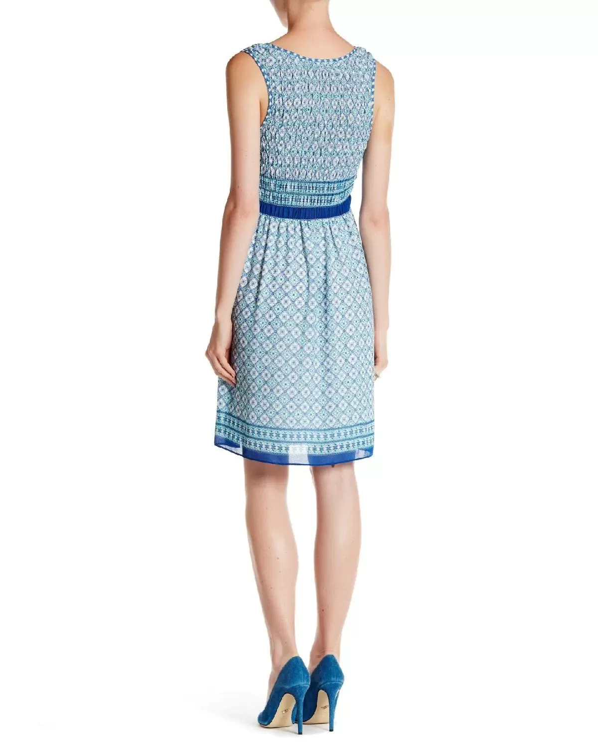 Max Studio Women's Blue Sleeveless Smocked Border Print Dress