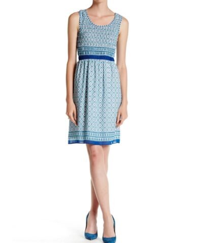 Max Studio Women's Blue Sleeveless Smocked Border Print Dress