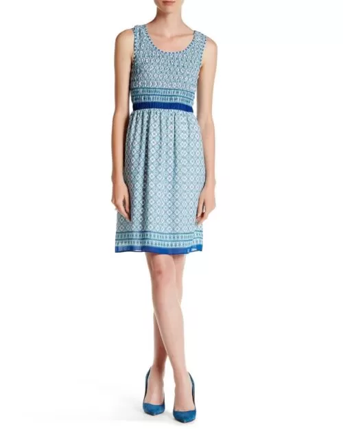 Max Studio Women's Blue Sleeveless Smocked Border Print Dress