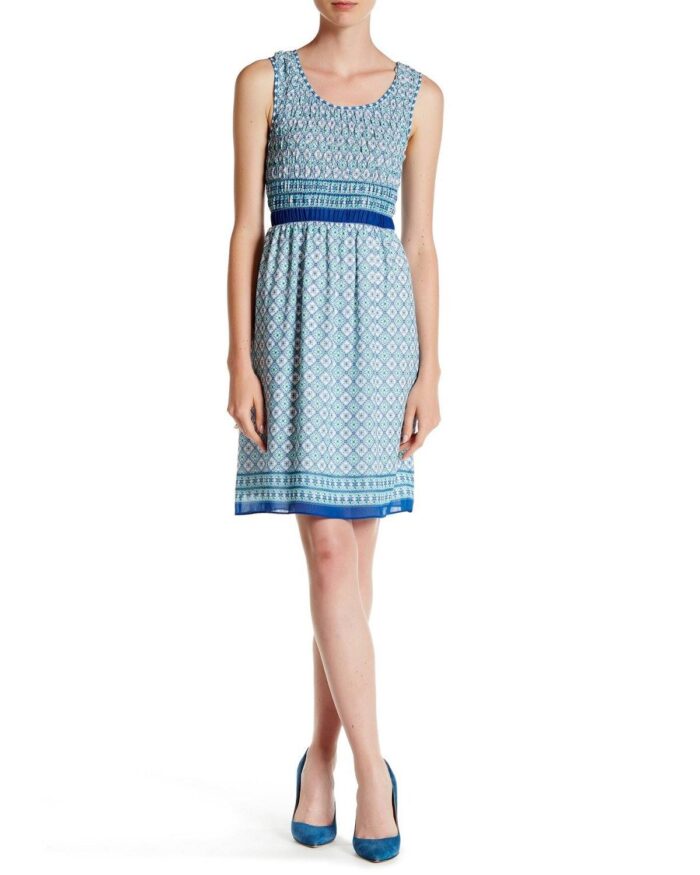 Max Studio Women's Blue Sleeveless Smocked Border Print Dress