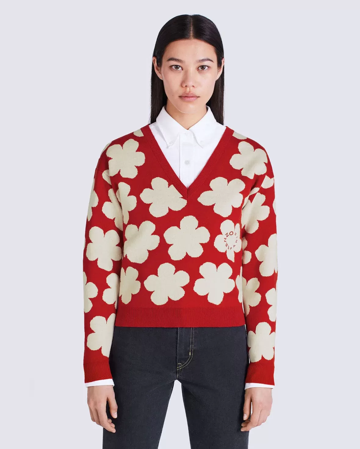 Kenzo Red Floral Wool V-Neck Sweater