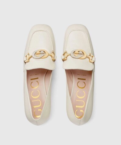 Gucci White Zumi Leather Mid-Heel Loafer