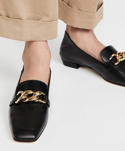 Stuart Weitzman Mickee Chain Square-Toe Leather Loafers