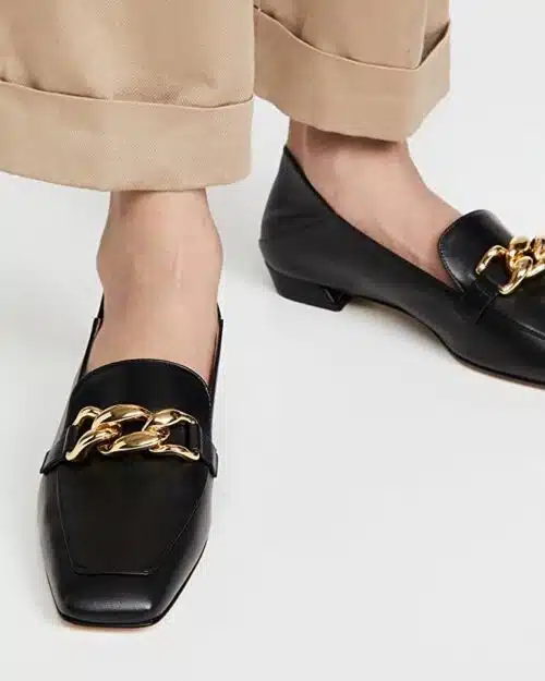 Stuart Weitzman Mickee Chain Square-Toe Leather Loafers