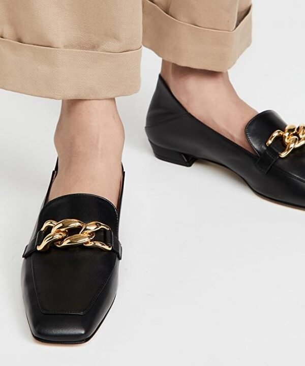 Stuart Weitzman Mickee Chain Square-Toe Leather Loafers