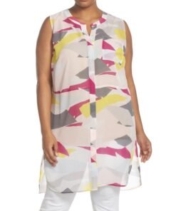 TWO By Vince Camuto Abstract Cutouts Print Chiffon Sleeveless Tunic