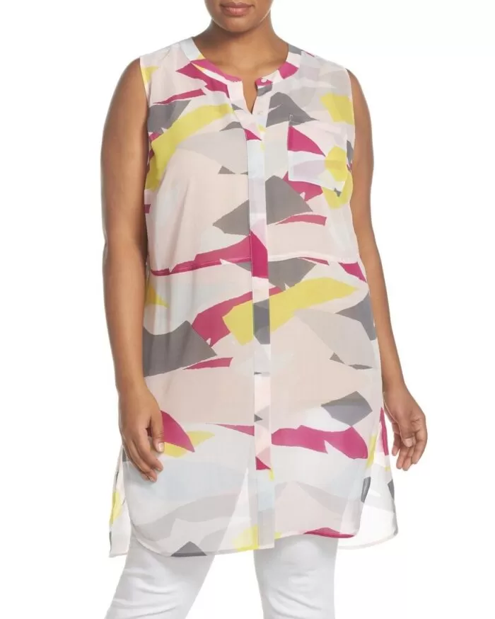 TWO By Vince Camuto Abstract Cutouts Print Chiffon Sleeveless Tunic