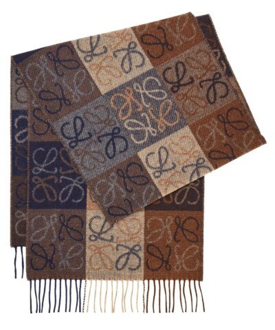 Loewe Fringed Wool and Cashmere-blend Jacquard Scarf, Navy/Brown