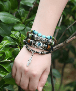 Steffe Unisex Bohemian Multilayers Turkish Eye Leather Bracelets
