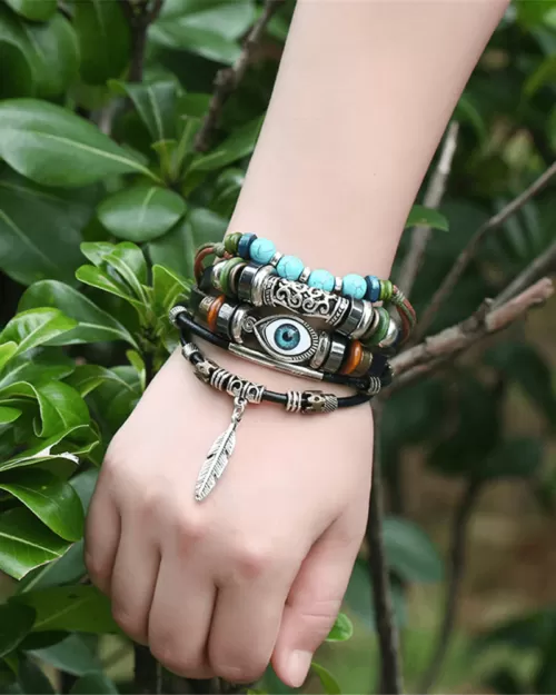 Steffe Unisex Bohemian Multilayers Turkish Eye Leather Bracelets