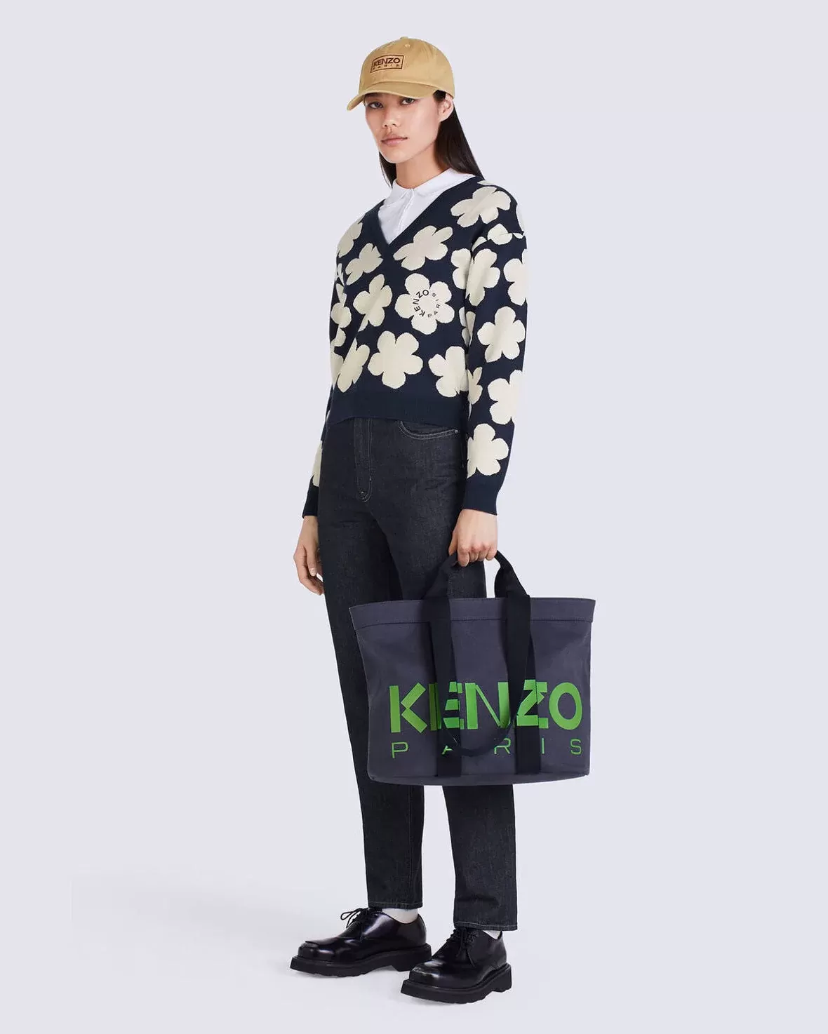 Kenzo Blue Floral Wool V-Neck Sweater