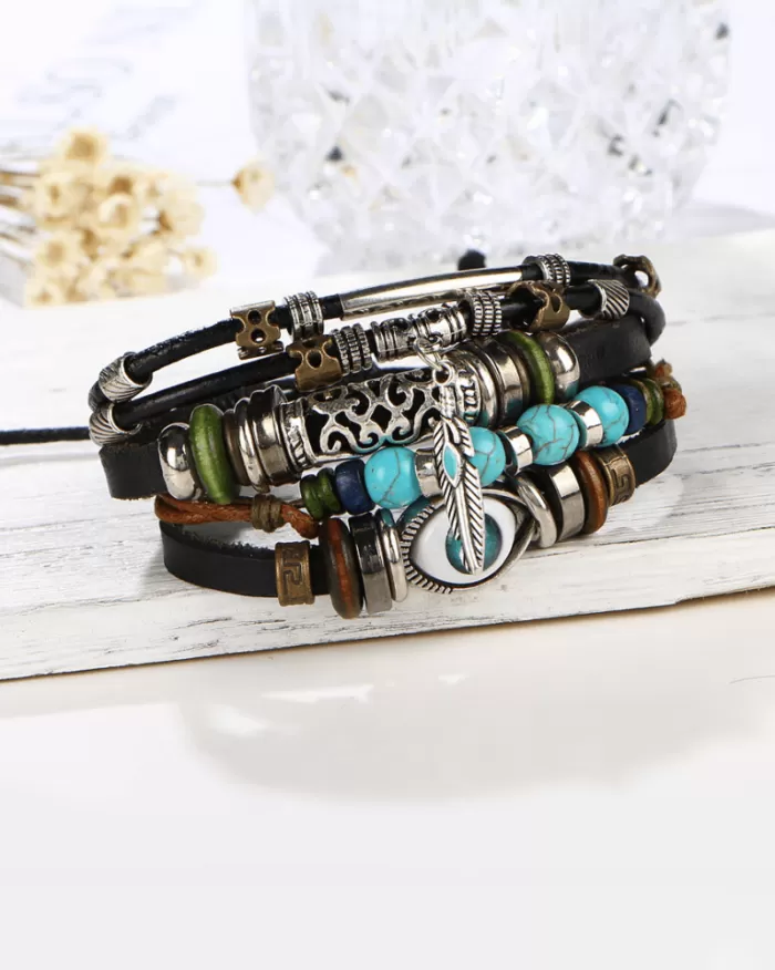 Steffe Unisex Bohemian Multilayers Turkish Eye Leather Bracelets