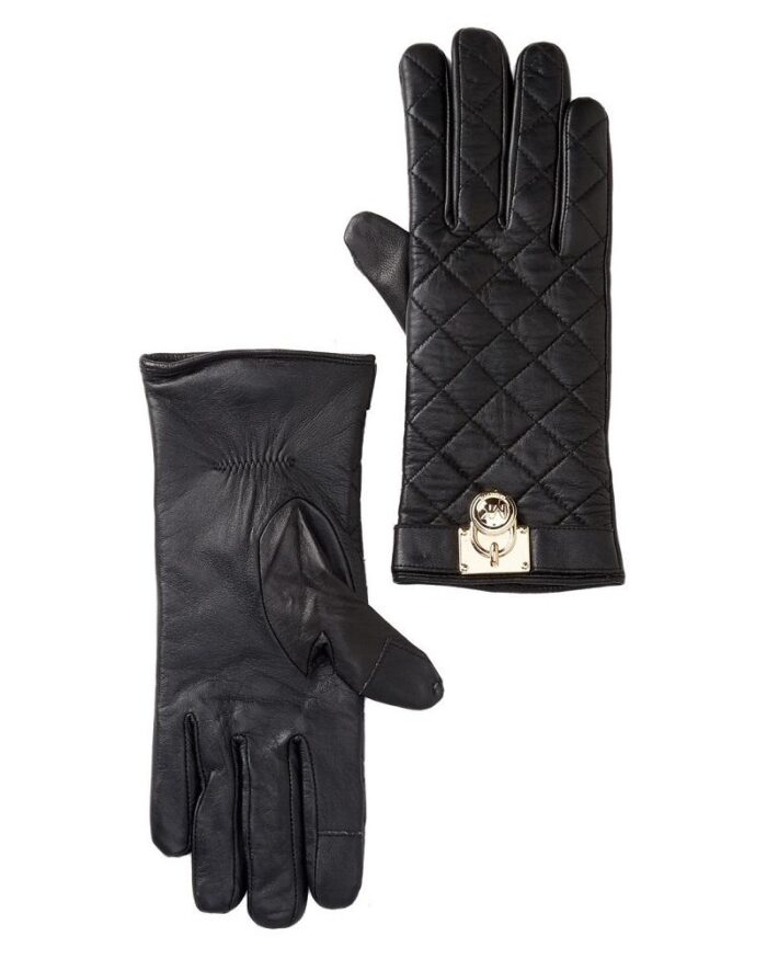 Michael Kors Quilted Leather Hamilton Lock Gloves,Black
