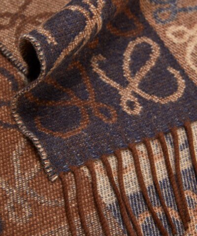 Loewe Fringed Wool and Cashmere-blend Jacquard Scarf, Navy/Brown