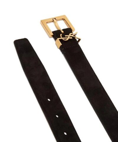 Saint Laurent Men's YSL Gold Logo Leather Belt